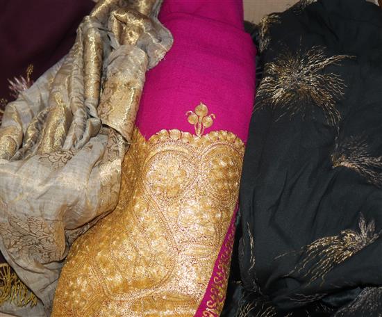 An Indian gold thread embroidered shawl, a sari, embroidered edging etc